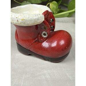 Vintage Ceramic Santa Boot Planter Red Christmas Vase Candle Holder READ